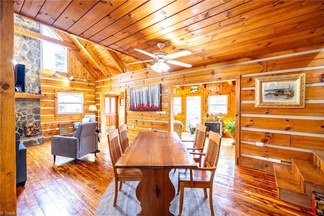 dining room with lofted ceiling, a stone fireplace, wooden ceiling, hardwood / wood-style flooring, and wood walls