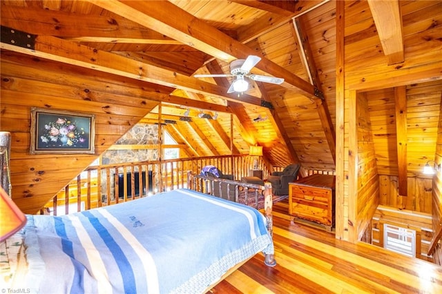 bedroom featuring lofted ceiling with beams, wood ceiling, wooden walls, and wood finished floors