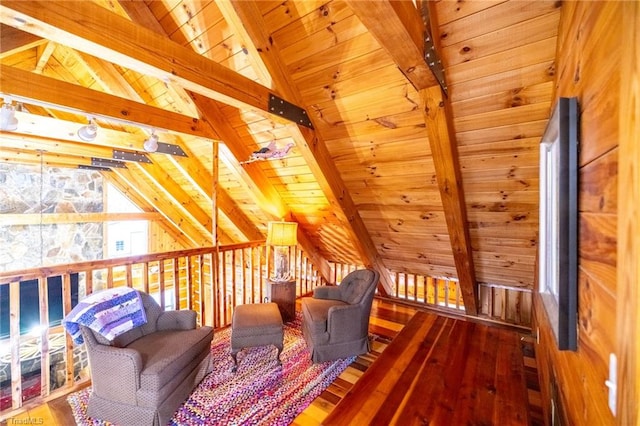 sitting room with vaulted ceiling with beams, wooden ceiling, and wood finished floors