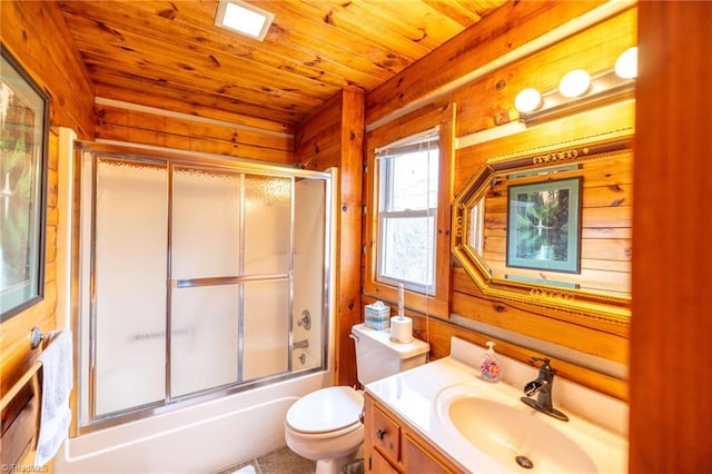 full bath featuring wooden ceiling, wooden walls, shower / bath combination with glass door, and vanity