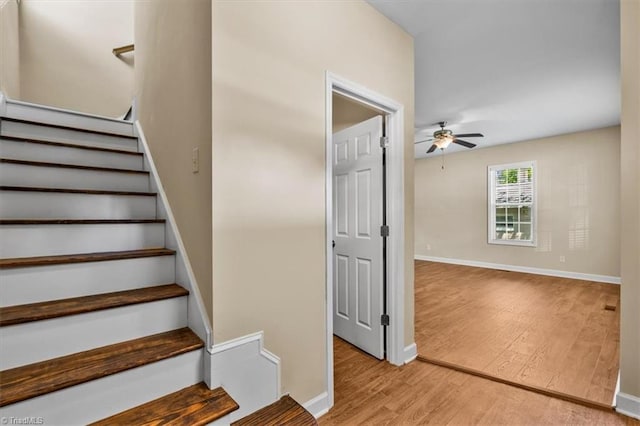 810 Mobile St, High Point, NC 27262 - stairs featuring wood finished floors, ceiling fan, and baseboards
