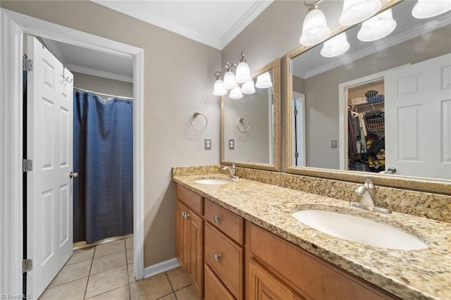 4012 Clarendon Ave, Winston-Salem, NC 27106 - full bath featuring double vanity, tile patterned flooring, a walk in closet, crown molding, and a shower with shower curtain