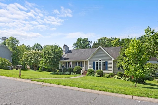 4012 Clarendon Ave, Winston-Salem, NC 27106 - ranch-style house with covered porch, a front lawn, and a chimney