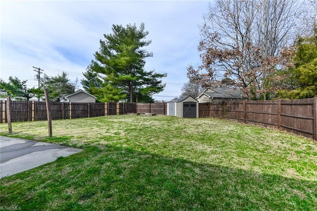 view of yard featuring a storage unit, an outbuilding, and a fenced backyard