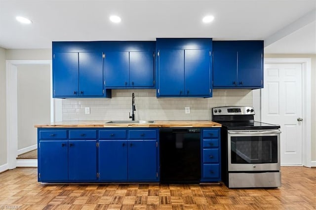 kitchen with blue cabinetry, black dishwasher, a sink, and stainless steel range with electric cooktop