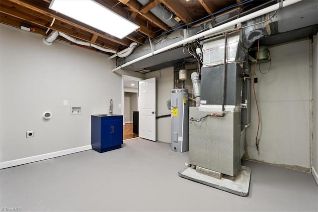 utility room with electric water heater and heating unit