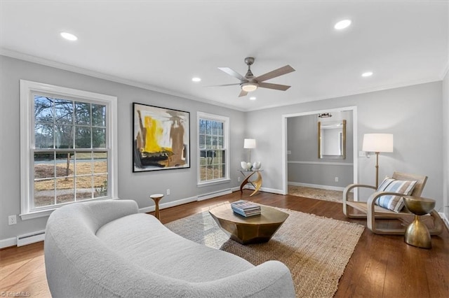 living area with plenty of natural light, a baseboard radiator, crown molding, and wood finished floors