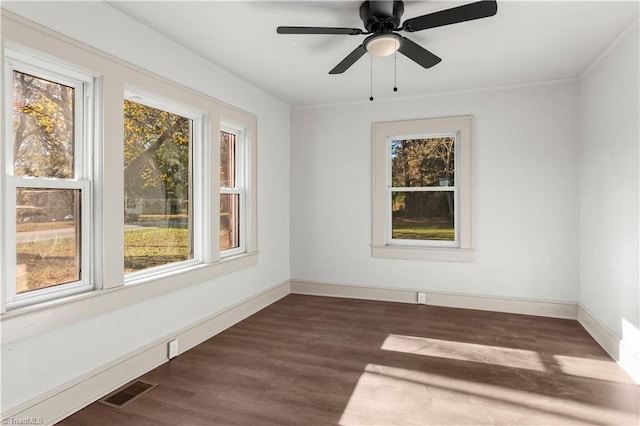 spare room with dark hardwood / wood-style floors, ceiling fan, and a wealth of natural light