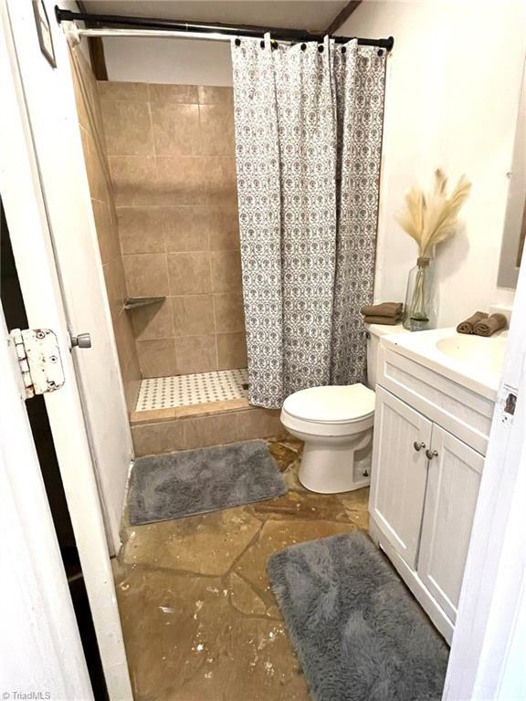 bathroom with vanity, curtained shower, and toilet