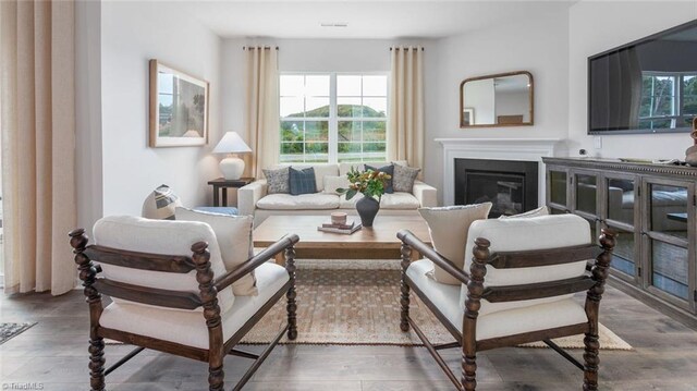 living area with visible vents, wood finished floors, and a glass covered fireplace