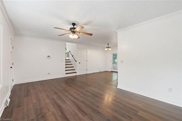unfurnished living room featuring a ceiling fan, dark wood-style floors, stairway, ornamental molding, and baseboards