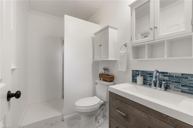 full bath featuring ornamental molding, decorative backsplash, marble look tile flooring, a shower stall, and vanity