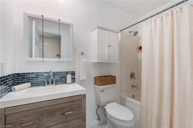 bathroom with backsplash, shower / bath combination with curtain, toilet, and vanity
