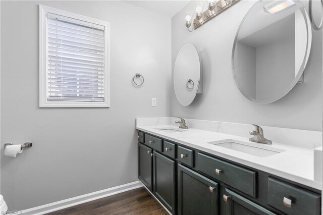 bathroom with hardwood / wood-style floors and vanity