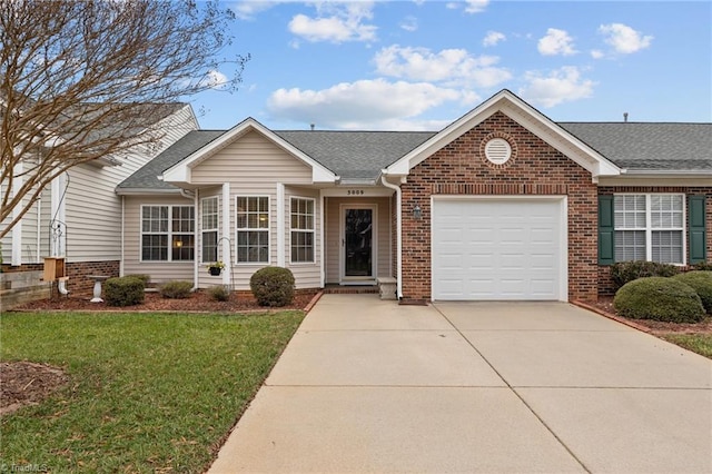 single story home with a front yard and a garage