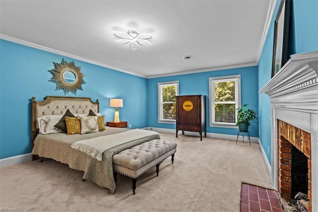 1608 Fox Hollow Rd, Greensboro, NC 27410 - bedroom featuring ornamental molding, a brick fireplace, and carpet flooring