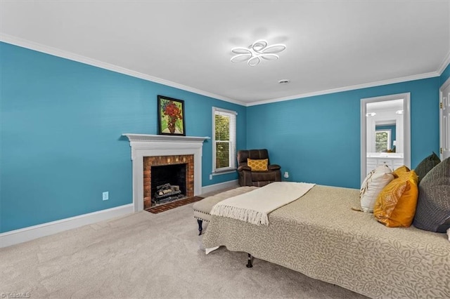 1608 Fox Hollow Rd, Greensboro, NC 27410 - bedroom featuring ornamental molding, carpet floors, and a brick fireplace