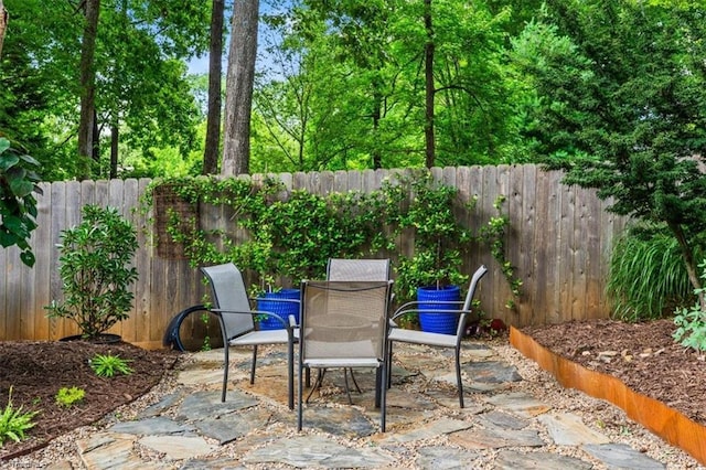 1608 Fox Hollow Rd, Greensboro, NC 27410 - fenced backyard with a patio area and outdoor dining area
