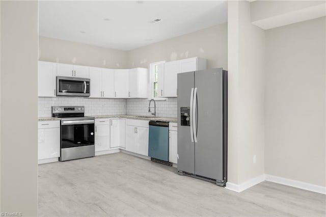 kitchen featuring light wood-style flooring, a sink, backsplash, stainless steel appliances, and white cabinets