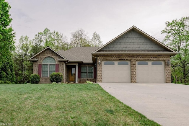 view of front of home featuring concrete driveway, roof with shingles, a front yard, brick siding, and a garage