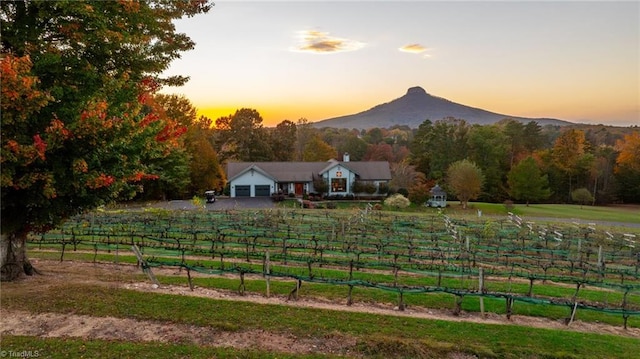 yard at dusk featuring a mountain view and a rural view