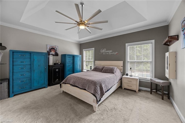 6089 Pleasant Field Dr, Greensboro, NC 27455 - bedroom featuring light carpet, a tray ceiling, ornamental molding, baseboards, and a ceiling fan