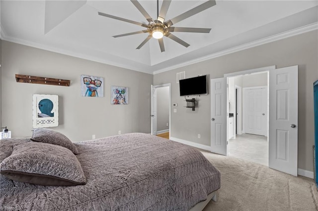 6089 Pleasant Field Dr, Greensboro, NC 27455 - carpeted bedroom with crown molding, baseboards, ceiling fan, and a raised ceiling