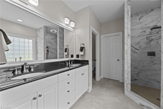 6089 Pleasant Field Dr, Greensboro, NC 27455 - bathroom featuring marble finish floors, a marble finish shower, double vanity, and toilet