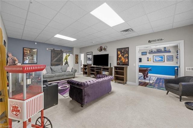 6089 Pleasant Field Dr, Greensboro, NC 27455 - living room featuring carpet, a drop ceiling, a barn door, and pool table