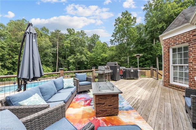 6089 Pleasant Field Dr, Greensboro, NC 27455 - wooden deck with an outdoor living space with a fire pit and a grill