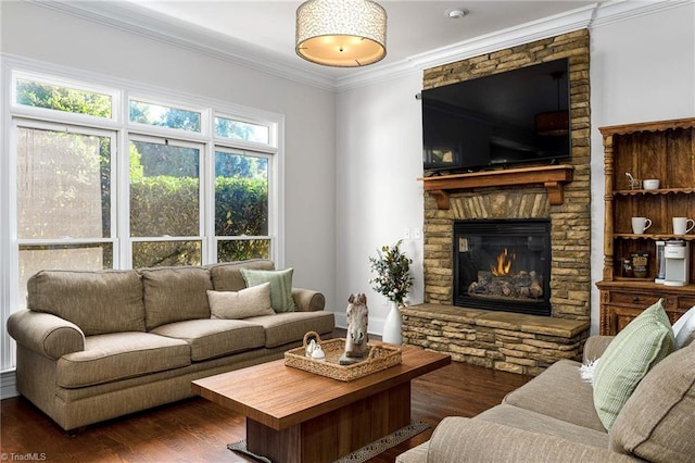 living room featuring crown molding, plenty of natural light, and dark hardwood / wood-style floors