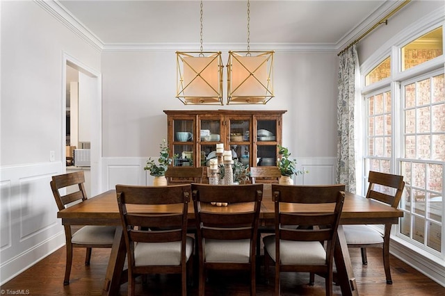 dining room featuring a wealth of natural light, ornamental molding, a notable chandelier, and dark hardwood / wood-style flooring