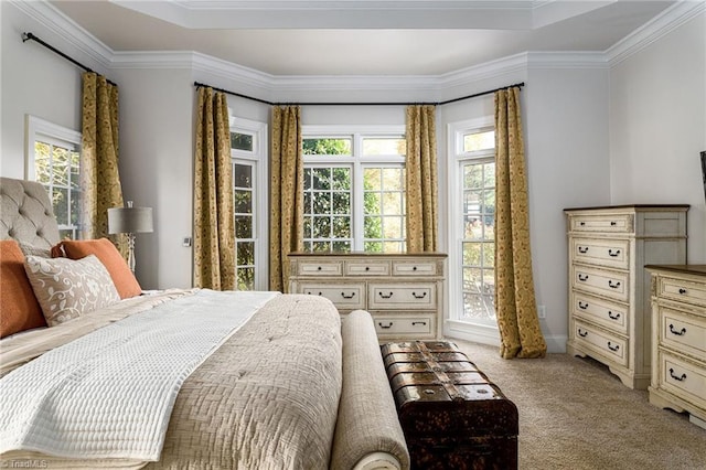 carpeted bedroom featuring crown molding