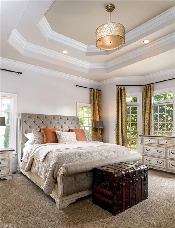 bedroom featuring ornamental molding, carpet flooring, and a tray ceiling