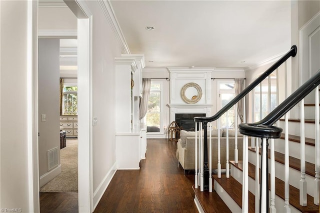 entryway featuring a large fireplace, ornamental molding, and dark hardwood / wood-style flooring