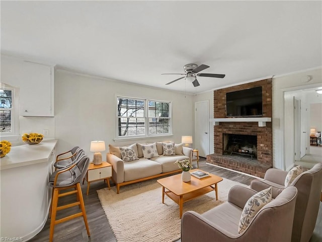 living room featuring dark wood-style floors, a fireplace, ornamental molding, and a ceiling fan