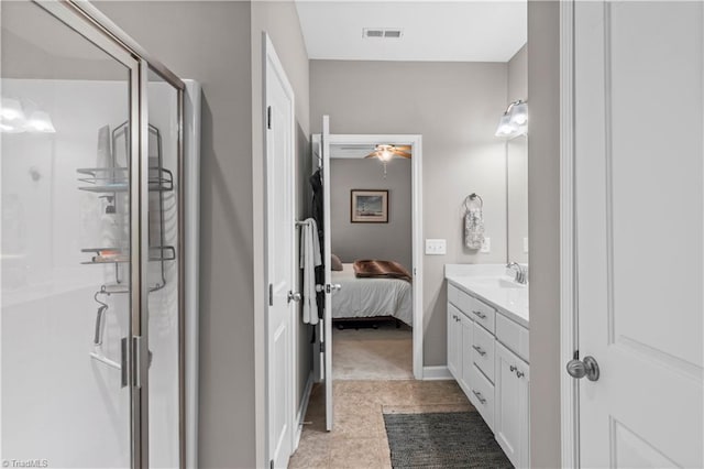 211 Hawks Nest Cir, Clemmons, NC 27012 - full bathroom featuring vanity, a stall shower, connected bathroom, and ceiling fan