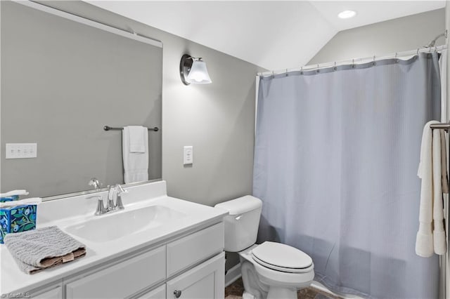 211 Hawks Nest Cir, Clemmons, NC 27012 - full bath with vanity, lofted ceiling, and a shower with curtain