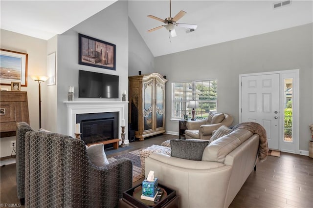211 Hawks Nest Cir, Clemmons, NC 27012 - living area with high vaulted ceiling, a ceiling fan, dark wood finished floors, and a glass covered fireplace