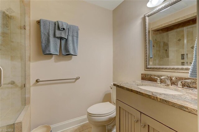 full bath with tile patterned flooring, a shower stall, and toilet