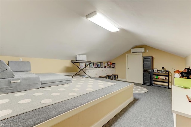 carpeted bedroom with an AC wall unit, baseboards, and lofted ceiling