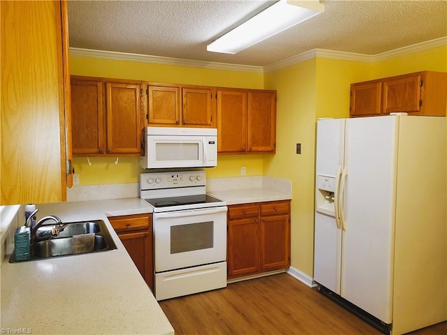 kitchen with sink, white appliances, ornamental molding, a textured ceiling, and light wood-type flooring