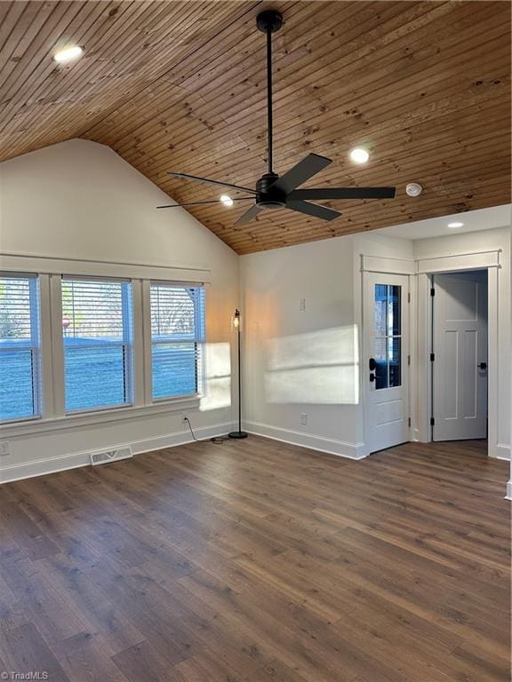 empty room featuring lofted ceiling, wood ceiling, visible vents, and dark wood-type flooring