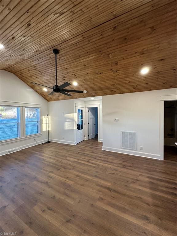 unfurnished living room featuring dark wood-style floors, lofted ceiling, wooden ceiling, and visible vents