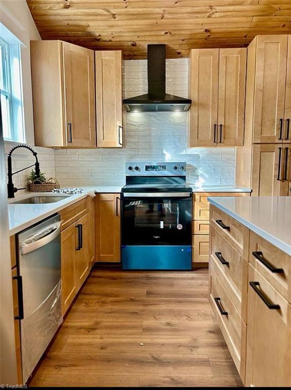 kitchen featuring light wood-style flooring, stainless steel dishwasher, a sink, range with electric cooktop, and wall chimney exhaust hood