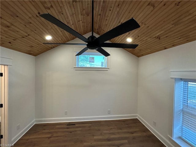 interior space with lofted ceiling, wooden ceiling, wood finished floors, and baseboards