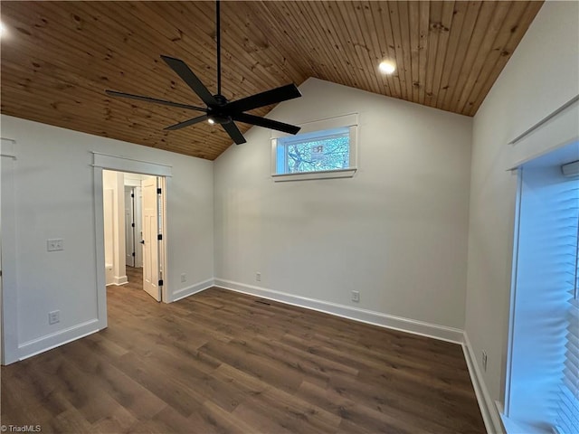 empty room featuring dark wood-type flooring, wooden ceiling, vaulted ceiling, and baseboards