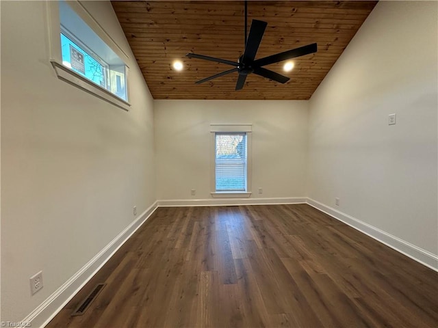 unfurnished room featuring wooden ceiling, visible vents, and baseboards