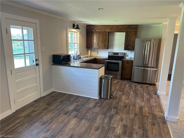 kitchen with a peninsula, appliances with stainless steel finishes, a sink, and crown molding