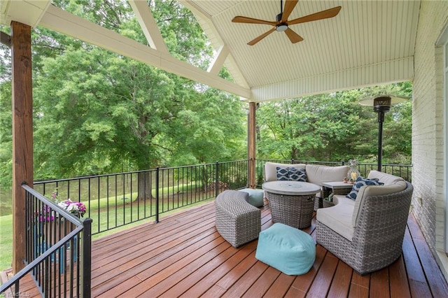 612 Wigeon Dr, Greensboro, NC 27455 - wooden deck with a ceiling fan and an outdoor hangout area